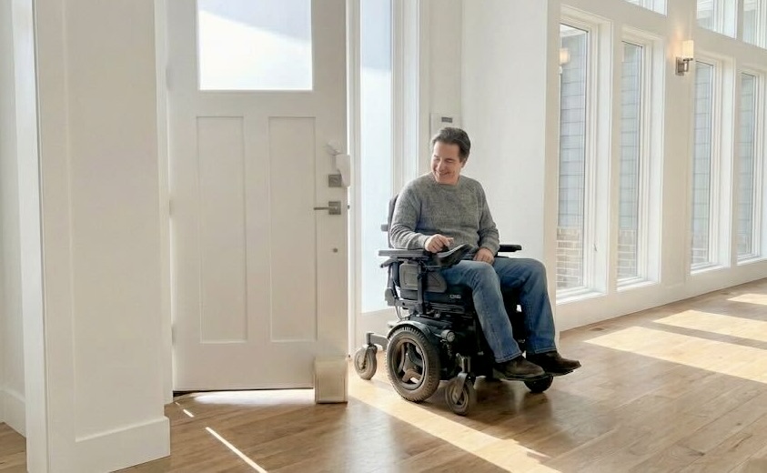 Man in powered wheelchair using Theodoor to enter through a door