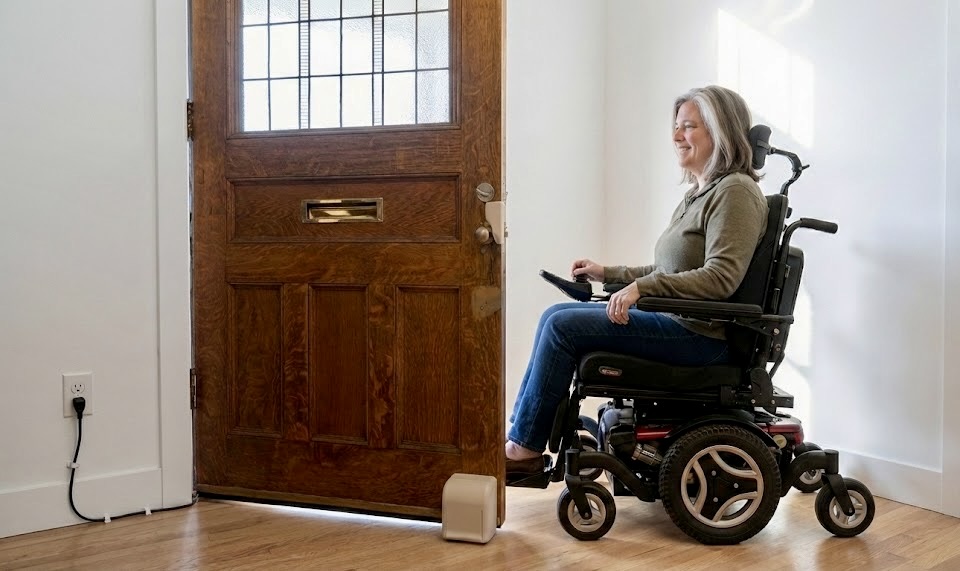 Woman in powered wheelchair using Theodoor