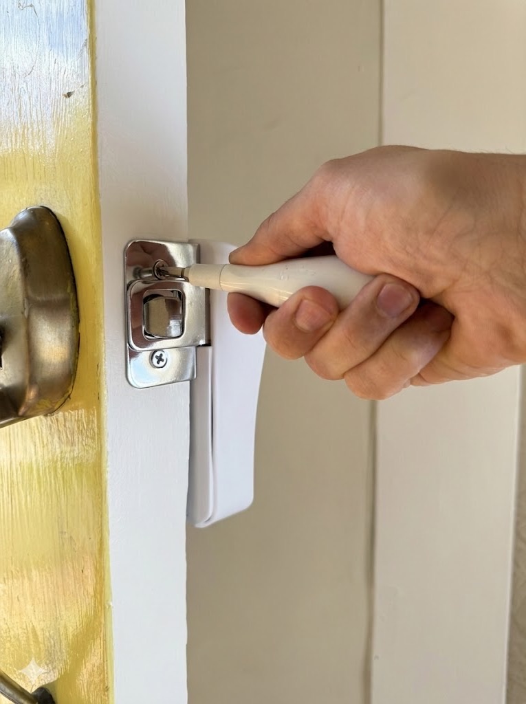 A hand uses a screwdriver to attach Latchbot to the door's latch plate.