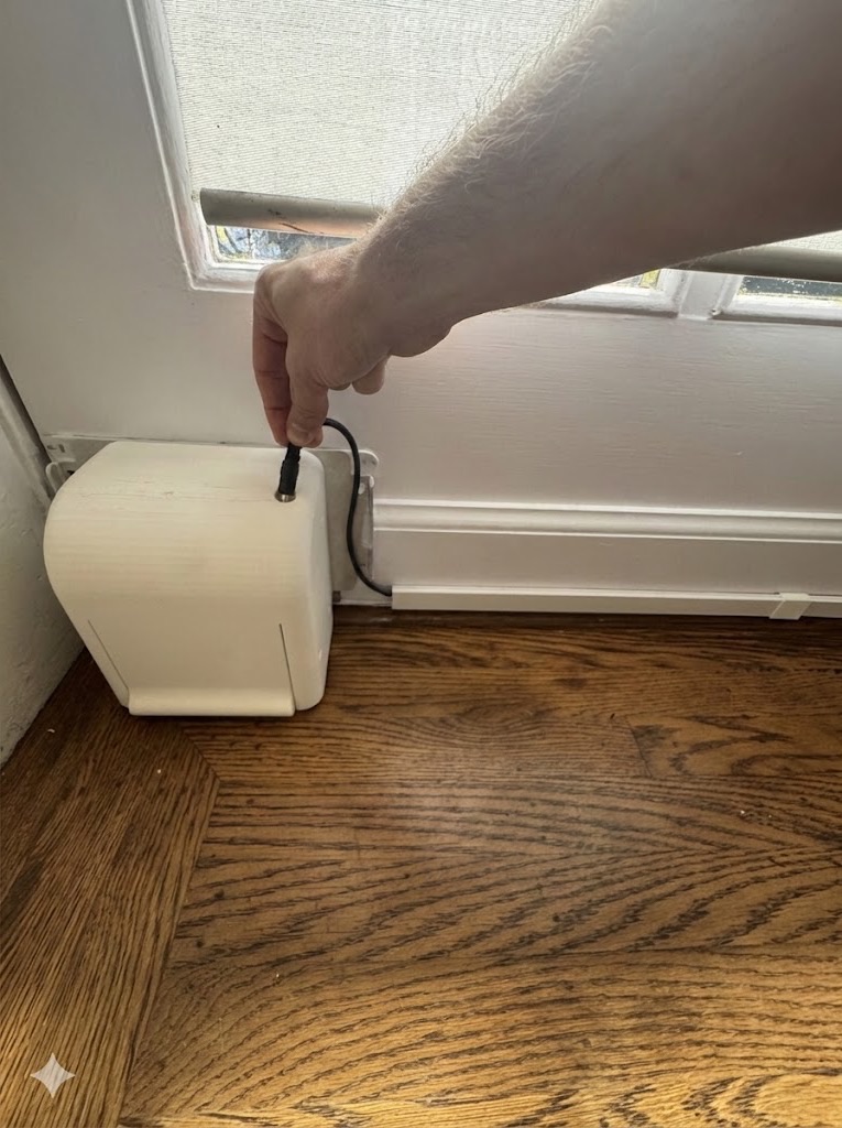 A hand plugs the power cable into Doorbot at the base of the door.